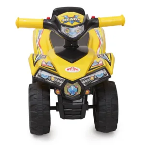 ATV pentru copii fara pedale Moni RideGo Galben cu spatiu depozitare jucarii