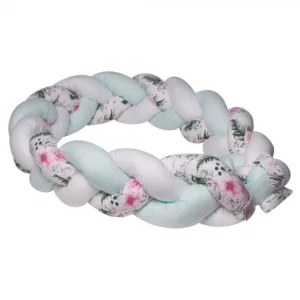Aparatoare laterala pat bumper impletit Bumbac alb - mint - flori 340X21 cm
