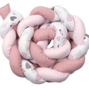 Aparatoare laterala patut Amy Bumper impletit inchidere velcro 210x21 cm Inimioare roz