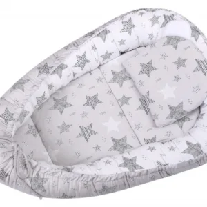 Baby Nest 3 in 1 din bumbac cu salteluta si pernuta inclusa Grey Stars