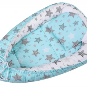 Baby Nest 3 in 1 din bumbac cu salteluta si pernuta inclusa Mint Stars