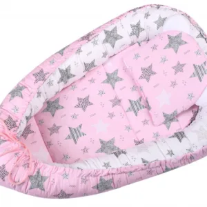 Baby Nest 3 in 1 din bumbac cu salteluta si pernuta inclusa Pink Stars
