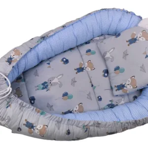 Baby Nest 3 in 1 din bumbac cu salteluta si pernuta inclusa Rabbit with Blue Baloons