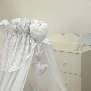 Baldachin din tul pentru patut bebe Bear Heart Gri 160 x 600 cm suport de prindere inclus