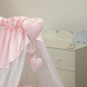 Baldachin din tul pentru patut bebe Bear Heart Roz 160 x 600 cm suport de prindere inclus