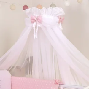 Baldachin din tul pentru patut bebe Sky Bunny Pink 160 x 600 cm suport prindere inclus
