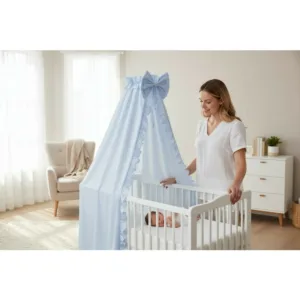 Baldachin pentru patut MimiNu cu funda si volanas 210x145 cm Colectia Royal Blue