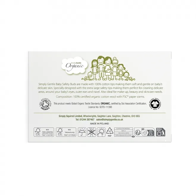 Betisoare urechi din bumbac organic cu opritor Simply Gentle Organic pentru bebelusi 60 bucati