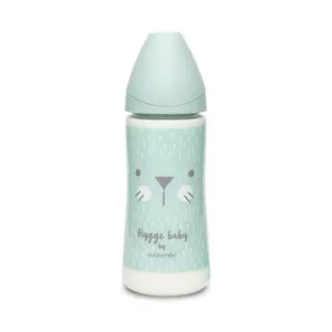 Biberon 360 ml cu tetina rotunda din silicon Hygge Suavinex debit dens pisica verde