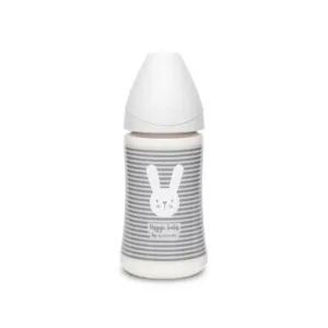 Biberon cu tetina rotunda din silicon cu 3 fluxuri iepuras cu linii gri Hygge Suavinex 270 ml