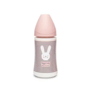 Biberon cu tetina rotunda din silicon cu 3 fluxuri iepuras cu linii roz Hygge Suavinex 270 ml