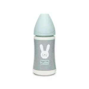 Biberon cu tetina rotunda din silicon cu 3 fluxuri iepuras cu linii verzi Hygge Suavinex 270 ml