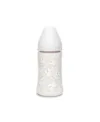 Biberon cu tetina rotunda din silicon cu 3 fluxuri iepuras gri Hygge Suavinex 270 ml