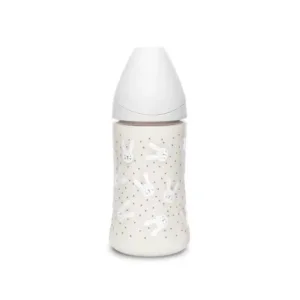 Biberon cu tetina rotunda din silicon cu 3 fluxuri iepuras gri Hygge Suavinex 270 ml