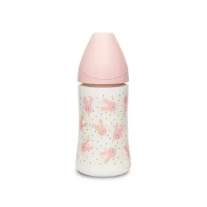 Biberon cu tetina rotunda din silicon cu 3 fluxuri iepuras roz Hygge Suavinex 270 ml