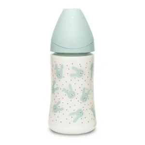 Biberon cu tetina rotunda din silicon cu 3 fluxuri iepuras verde Hygge Suavinex 270 ml