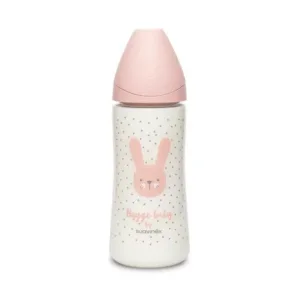 Biberon cu tetina rotunda din silicon debit dens Hygge Suavinex 360 ml iepuras roz