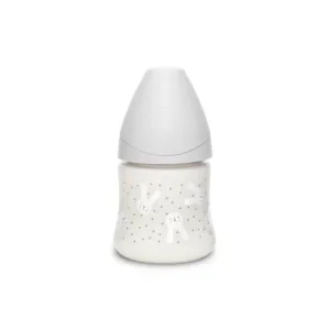 Biberon cu tetina rotunda din silicon debit lent iepuras gri Hygge Suavinex 150 ml