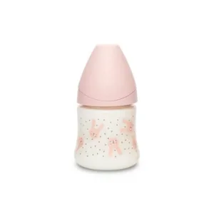 Biberon cu tetina rotunda din silicon debit lent iepuras roz Hygge Suavinex 150 ml
