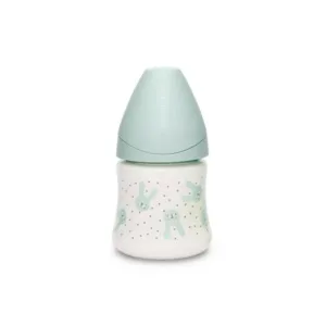 Biberon cu tetina rotunda din silicon debit lent iepuras verde Hygge Suavinex 150 ml