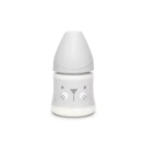 Biberon cu tetina rotunda din silicon debit lent pisica gri Hygge Suavinex 150 ml