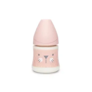 Biberon cu tetina rotunda din silicon debit lent pisica roz Hygge Suavinex 150 ml