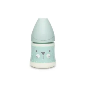 Biberon cu tetina rotunda din silicon debit lent pisica verde Hygge Suavinex 150 ml