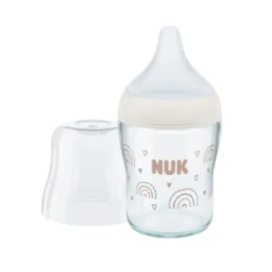 Biberon de sticla 120 ml cu tetina din silicon si control de temperatura Nuk PM Strenght 0 luni + S Rainbow