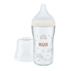 Biberon de sticla 230 ml cu tetina din silicon si control de temperatura Nuk PM Strenght 3 luni + M Rainbow