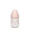 Biberon din sticla cu debit lent iepuras roz Hygge Suavinex 120 ml