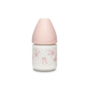 Biberon din sticla cu debit lent iepuras roz Hygge Suavinex 120 ml