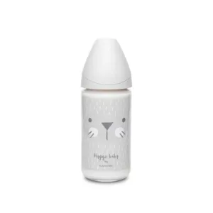 Biberon din sticla cu tetina rotunda din silicon cu 3 fluxuri pisica gri Hygge Suavinex 240 ml