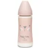 Biberon din sticla cu tetina rotunda din silicon cu 3 fluxuri pisica roz Hygge Suavinex 240 ml