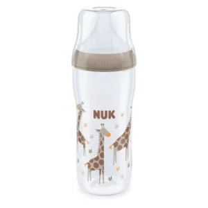 Biberon polipropilena cu tetina din silicon si control temperatura Nuk PM 360 ML 6 LUNI + XL Giraffe