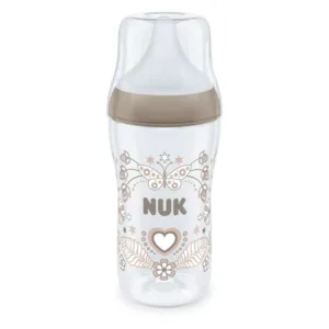 Biberon polipropilena cu tetina silicon si control de temperatura Nuk PM 260 ml 3 luni + M Heart