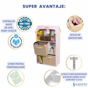Biblioteca copii Suporto Organizator tip casuta cu raft pentru carti din lemn MDF roz