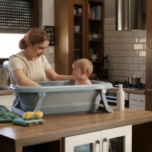 Cadita pliabila cu dop de scurgere si termometru Tega Baby Dove Grey