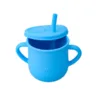 Cana din silicon cu manere si pai pentru copii 200 ml albastru