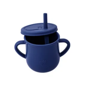 Cana din silicon cu manere si pai pentru copii 200 ml bleumarin