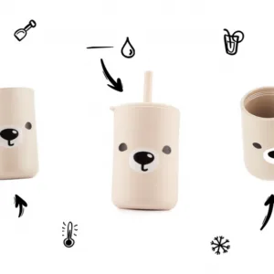 Cana din silicon pentru copii cu capac si pai 200 ml Kidnort Retter Mjolk Teddy Bej