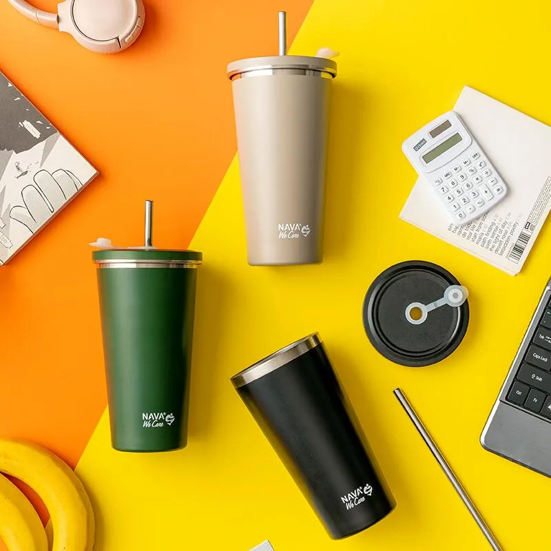 Cana termica cu pai din otel inoxidabil Nava We care Bej 520 ml