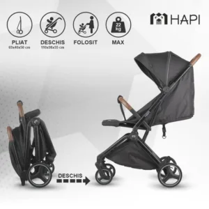 Carucior pentru copii Hapi Marlin Shadow Black ultrapliabil cu pliere automata