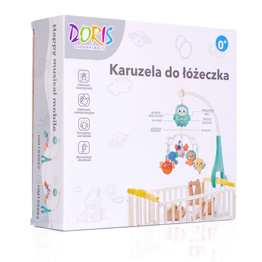 Carusel muzical Doris Blue Pinguin cu telecomanda si prindere universala