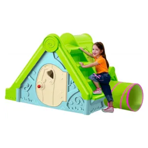 Casuta copii Keter Funny cu tobogan si tunel bleu