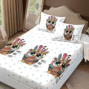 Cearceaf de pat cu elastic Somnart din finet cu imprimeu bufnite