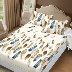 Cearceaf de pat cu elastic Somnart din finet cu imprimeu pene colorate