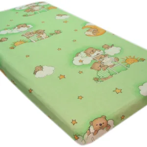 Cearceaf din bumbac cu elastic 120x60 Ursuletul somnoros verde