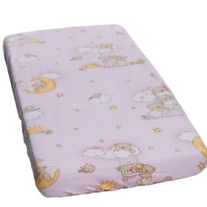 Cearceaf din bumbac cu elastic Ursuletul somnoros Roz 120x60 cm