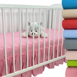 Cearsaf 140x70 cm cu volanas in fata din bumbac cu imprimeu Bulinute albe