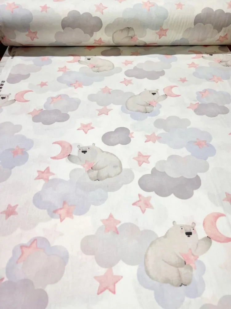 Cearsaf pentru pat copii Nichiduta Bear cloud pink 120x60 cm din bumbac cu banda elastica roata